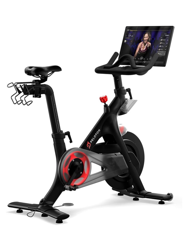 A red and black indoor exercise bike